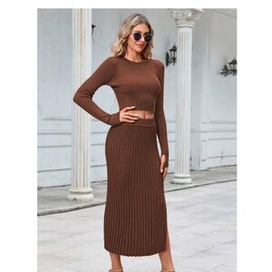 Amazon Brown Ribbed Knit Skirt Set